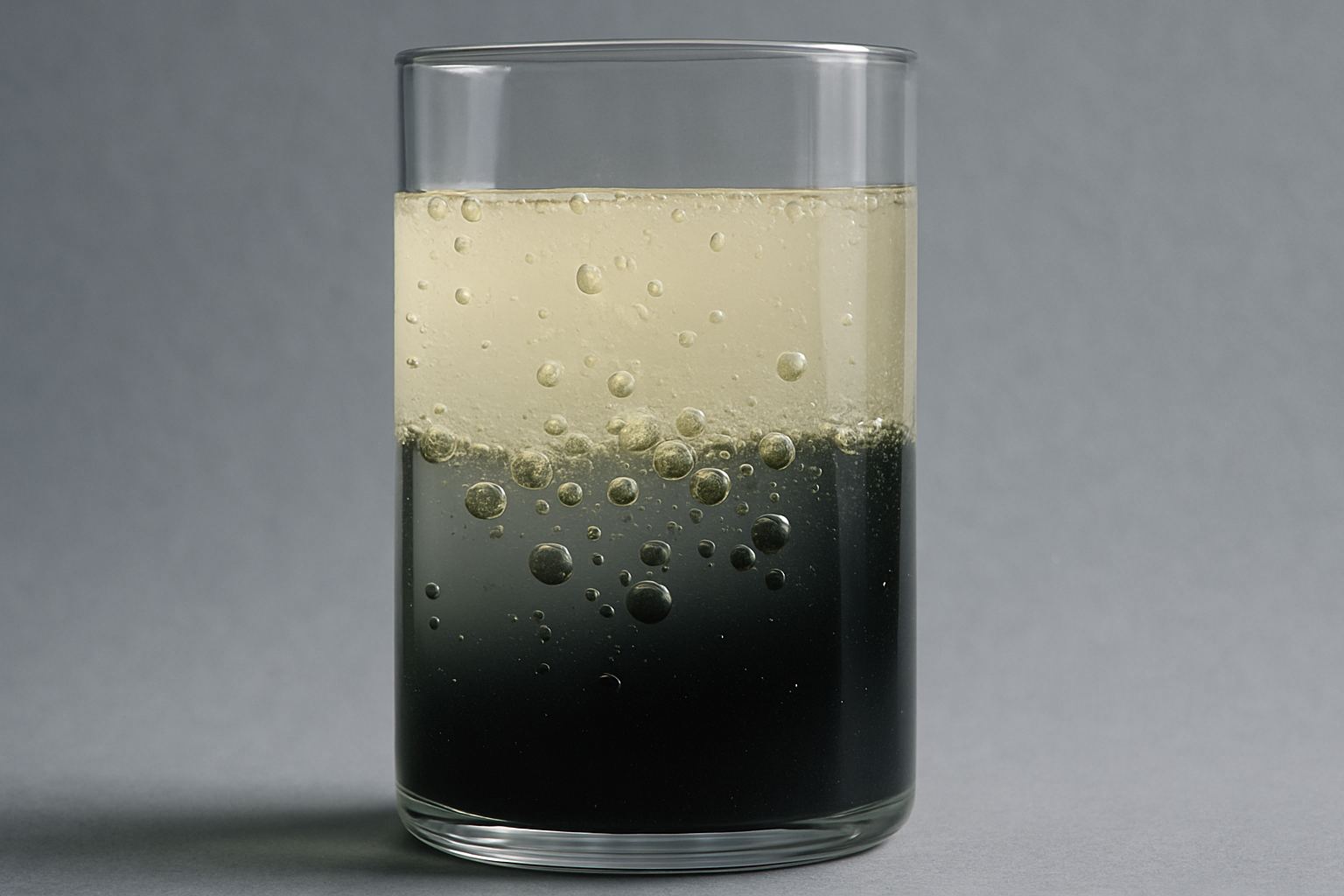Oil separating from water, the interface unsettled with suspended droplets.