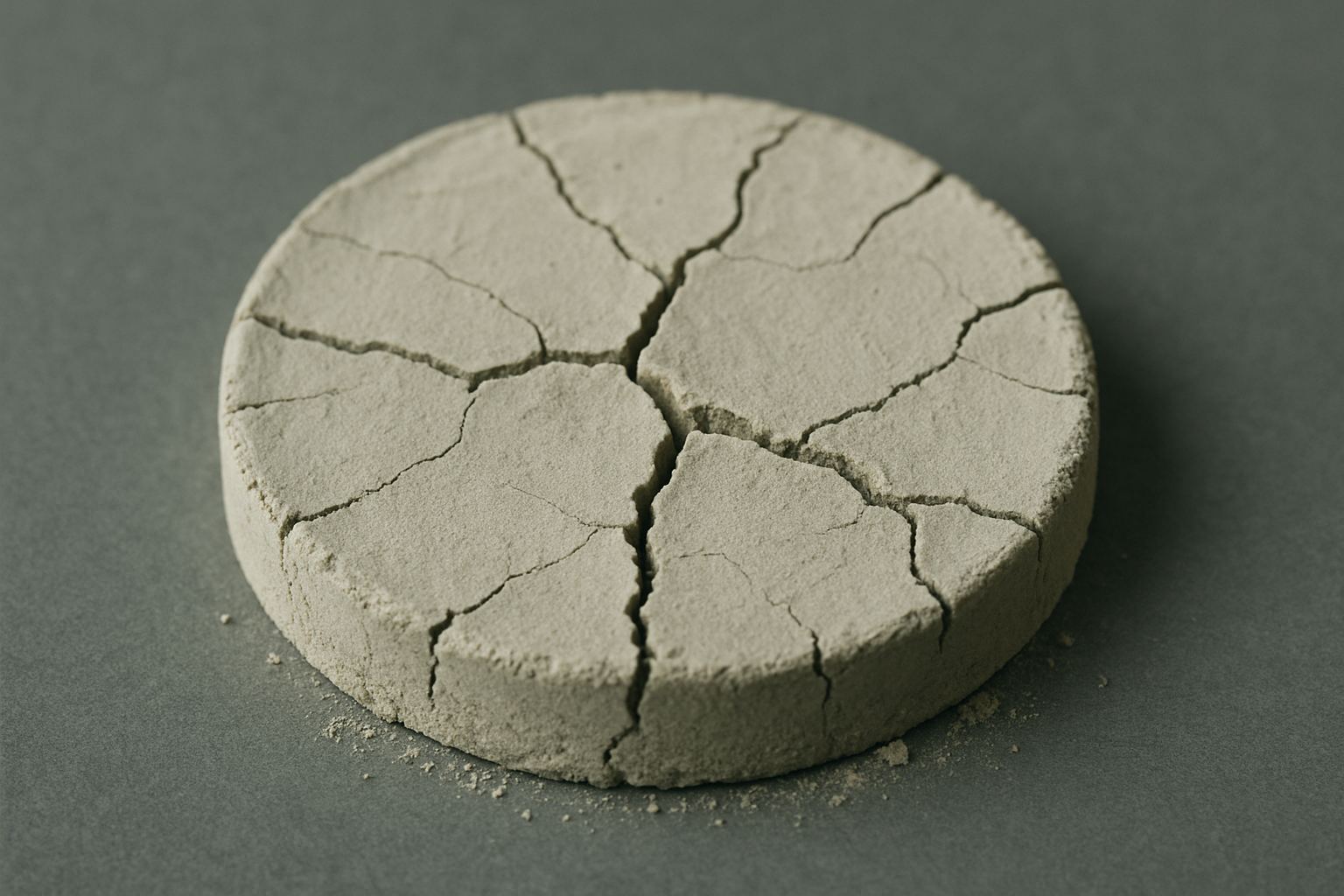 A pressed cake of mineral clay, cracked into irregular plates.