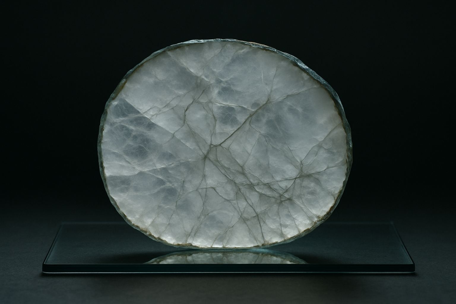 A polished slice of translucent quartz, backlit to show internal veils.