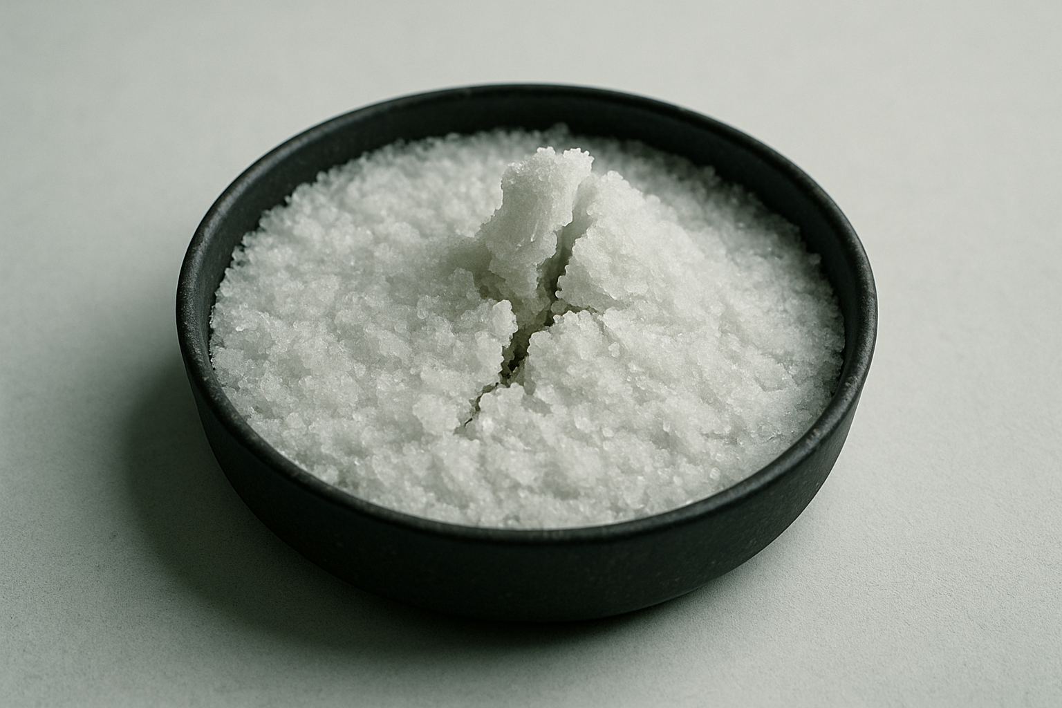 An evaporating dish with a risen, fractured crust of crystallised mineral salt.