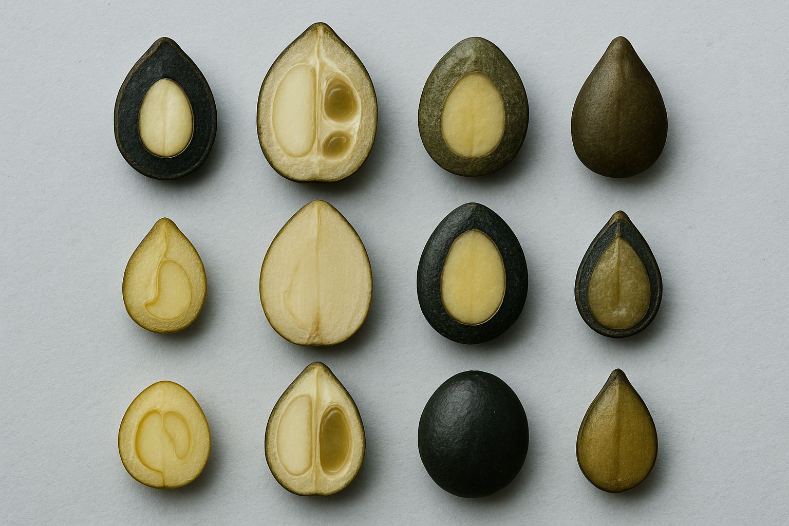 Seed and kernel cross sections arranged in a grid, internal structure visible.
